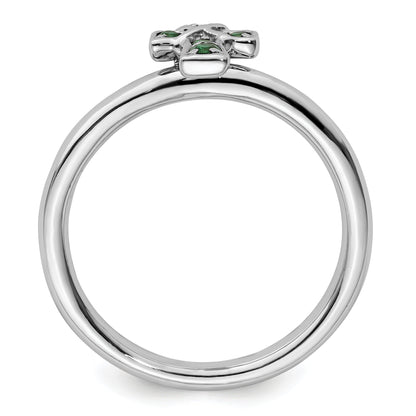 0.04 Ct Round Green Lab Created Emerald Prong Silver Stackable Cross Ring