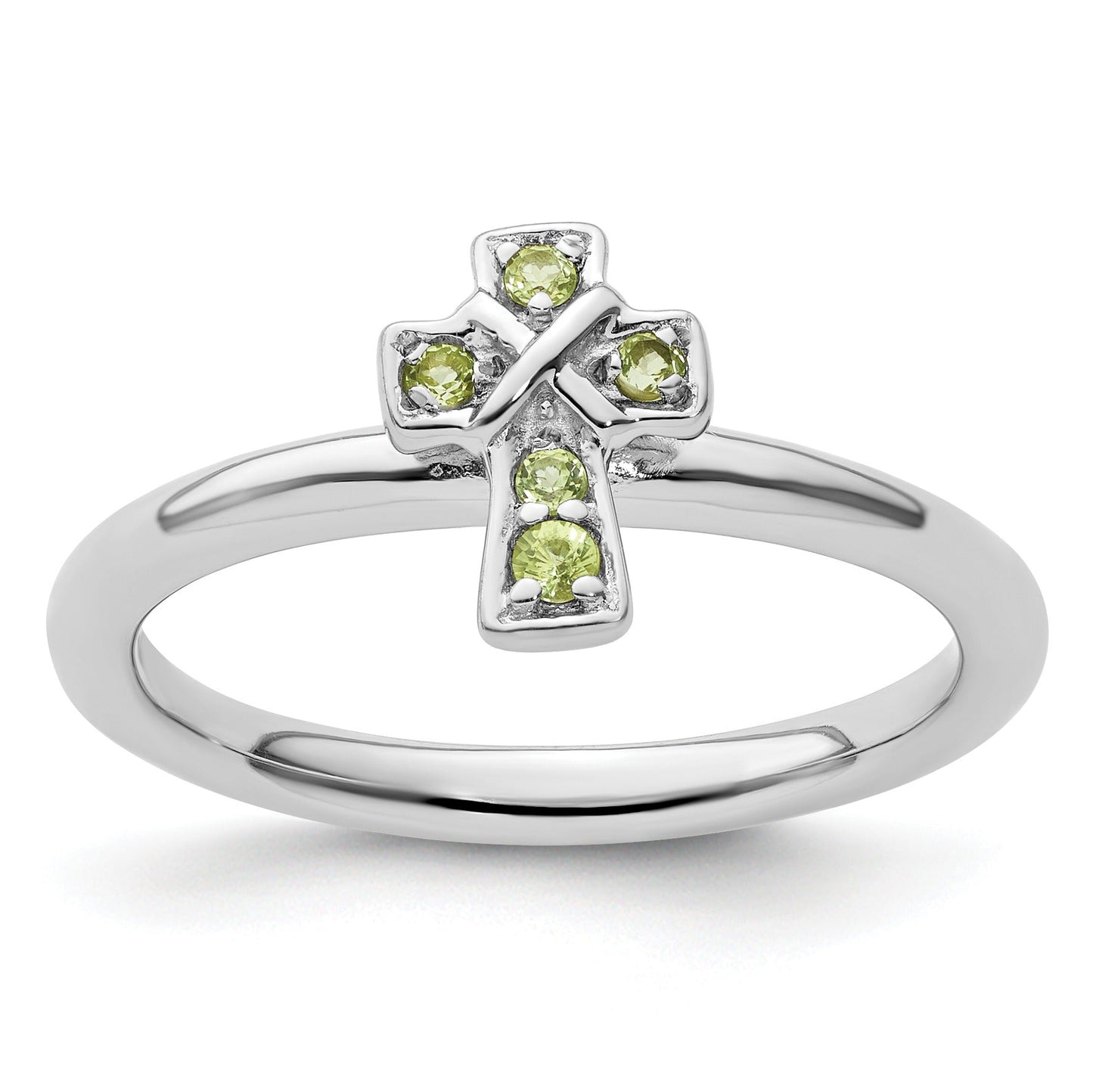 0.16 Ct Round Green Peridot Prong Silver Stackable Cross Ring