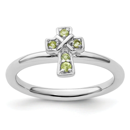 0.16 Ct Round Green Peridot Prong Silver Stackable Cross Ring