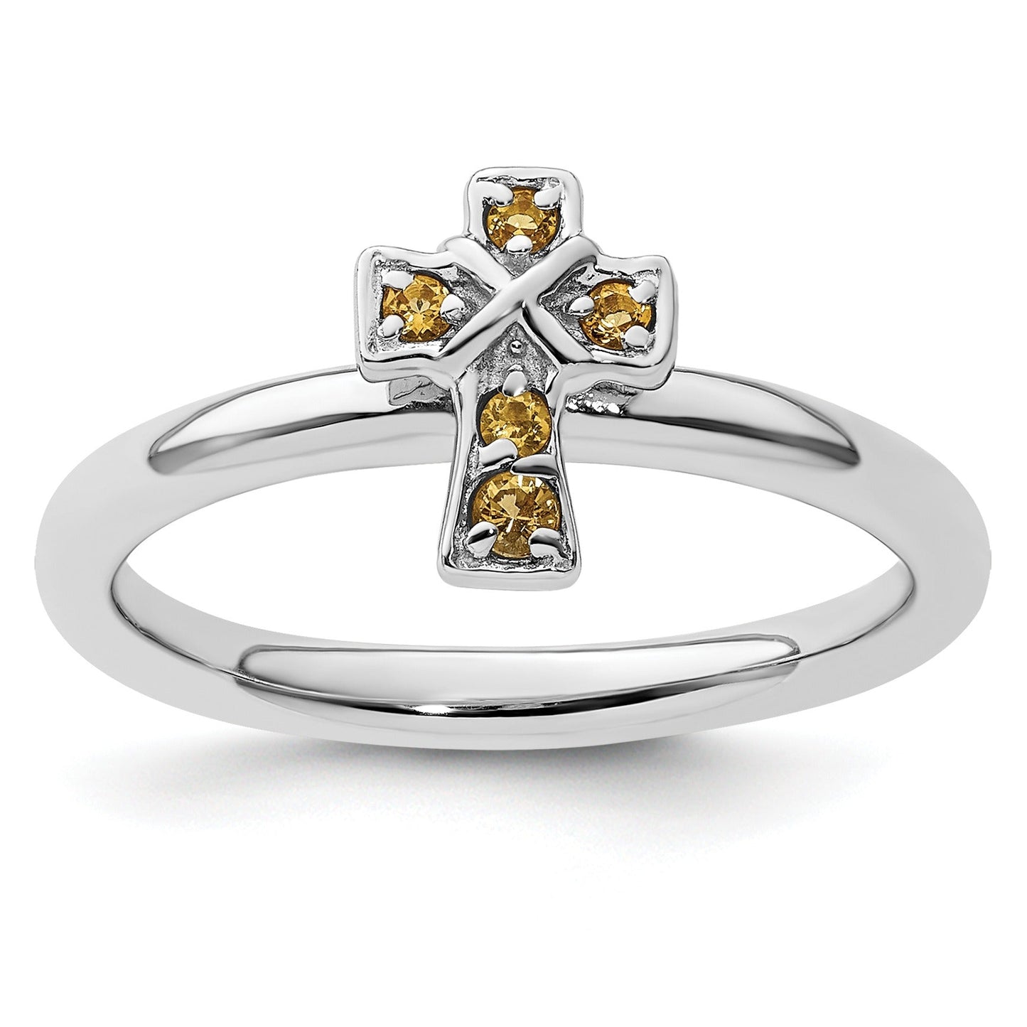 Silver Natural Yellow Citrine Stackable Cross Ring