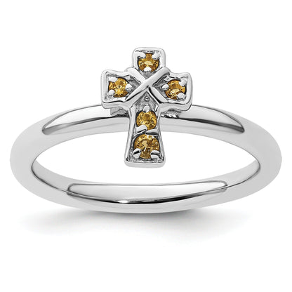Silver Natural Yellow Citrine Stackable Cross Ring