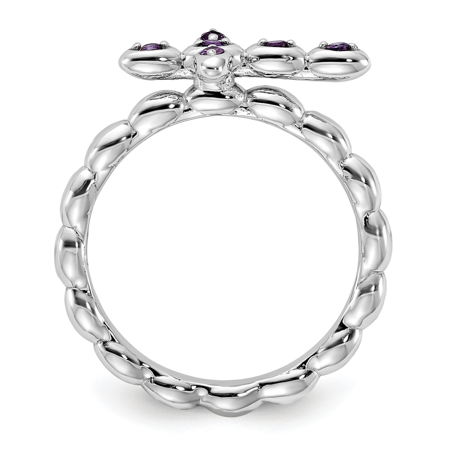 0.10 Ct Round Purple Amethyst Prong Silver Stackable Cross Ring
