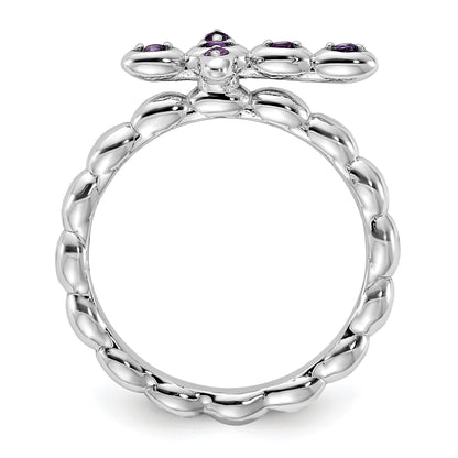 0.10 Ct Round Purple Amethyst Prong Silver Stackable Cross Ring