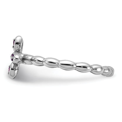 0.10 Ct Round Purple Amethyst Prong Silver Stackable Cross Ring