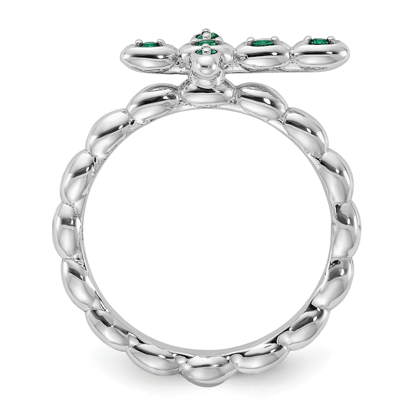 0.01 Ct Round Green Lab Created Emerald Prong Silver Stackable Cross Ring