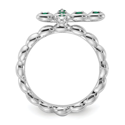 0.01 Ct Round Green Lab Created Emerald Prong Silver Stackable Cross Ring