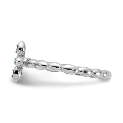 0.01 Ct Round Green Lab Created Emerald Prong Silver Stackable Cross Ring