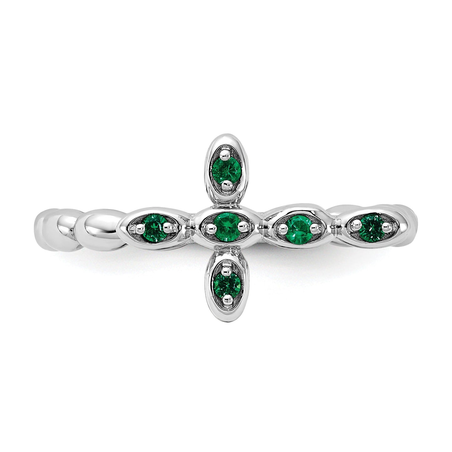 0.01 Ct Round Green Lab Created Emerald Prong Silver Stackable Cross Ring