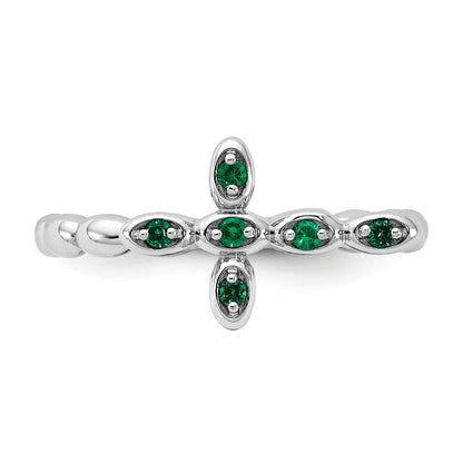 0.01 Ct Round Green Lab Created Emerald Prong Silver Stackable Cross Ring
