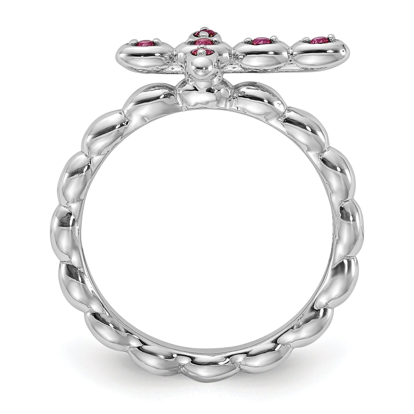 0.14 Ct Round Created Red Ruby Silver Stackable Bezel Cross Ring