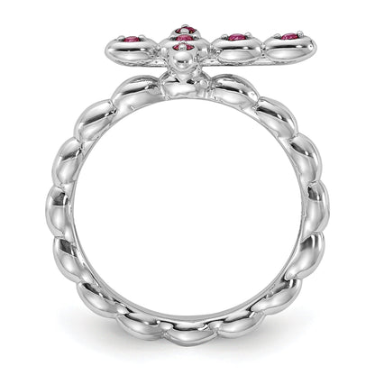 0.14 Ct Round Created Red Ruby Silver Stackable Bezel Cross Ring