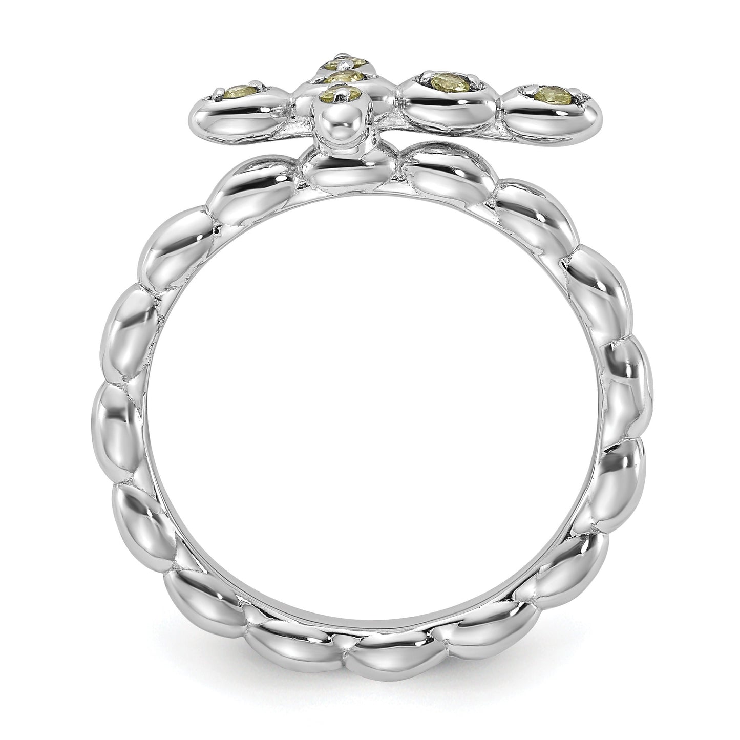 0.09 Ct Round Green Peridot Prong Silver Stackable Cross Ring