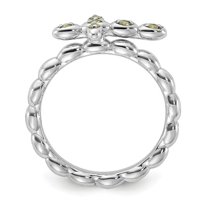 0.09 Ct Round Green Peridot Prong Silver Stackable Cross Ring