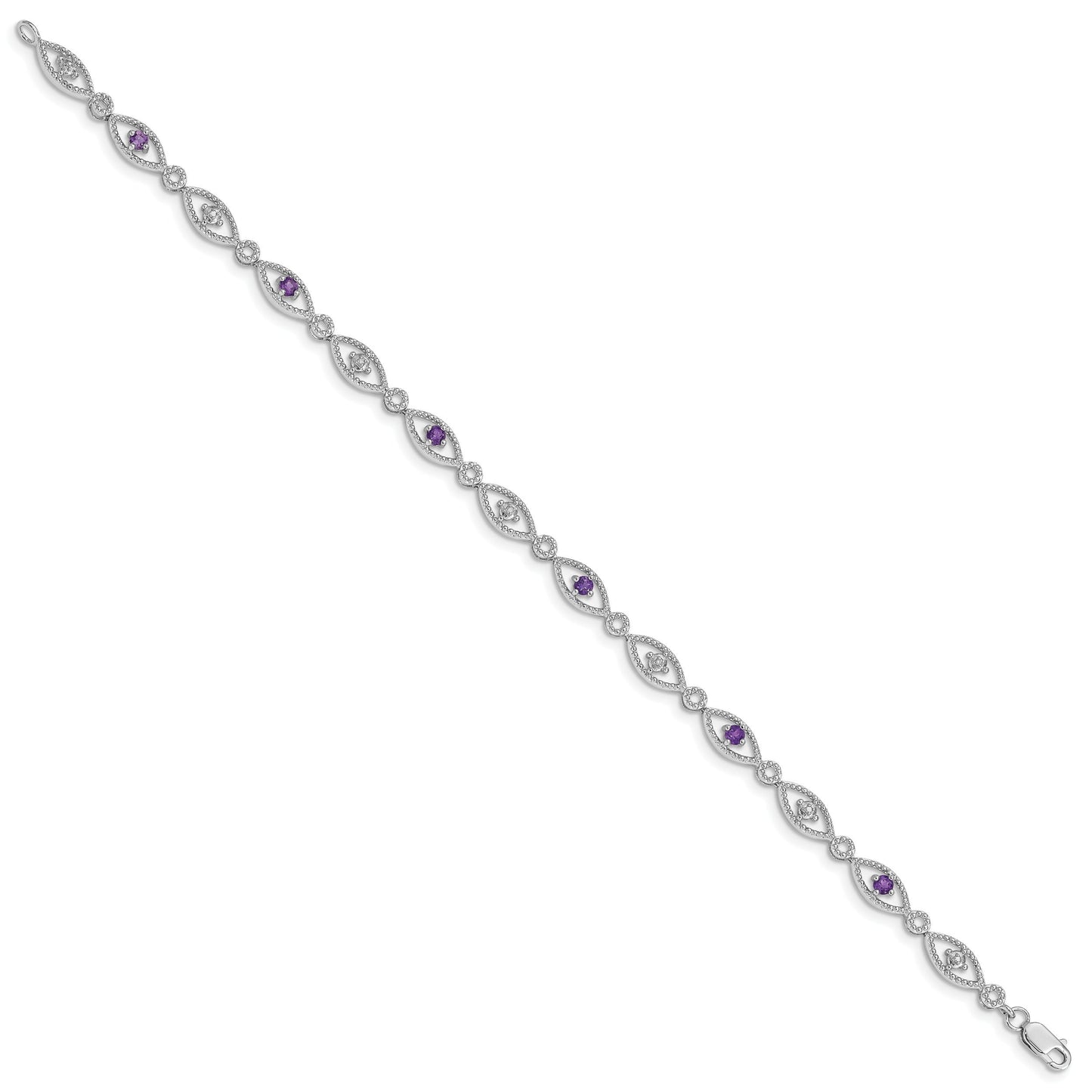 0.35 Ct Round Purple Amethyst & Diamond Prong Sterling Silver Evil Eye Link Bracelet