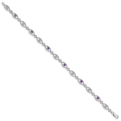 0.35 Ct Round Purple Amethyst & Diamond Prong Sterling Silver Evil Eye Link Bracelet
