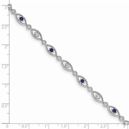 0.35 Ct Round Purple Amethyst & Diamond Prong Sterling Silver Evil Eye Link Bracelet