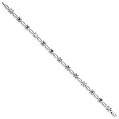 0.47 Ct Round Purple Amethyst & Diamond Prong Sterling Silver Floral Link Bracelet