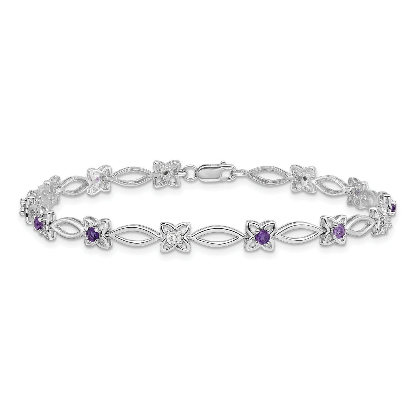 0.47 Ct Round Purple Amethyst & Diamond Prong Sterling Silver Floral Link Bracelet