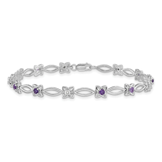0.47 Ct Round Purple Amethyst & Diamond Prong Sterling Silver Floral Link Bracelet