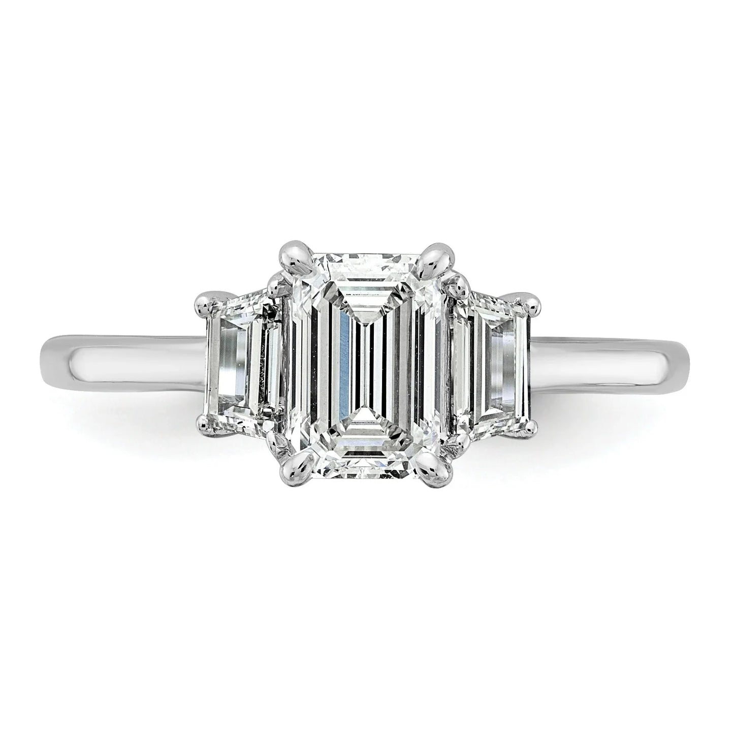 14k White Gold Diamond Emerald and Trapezoid 3-Stone Bridal Rings