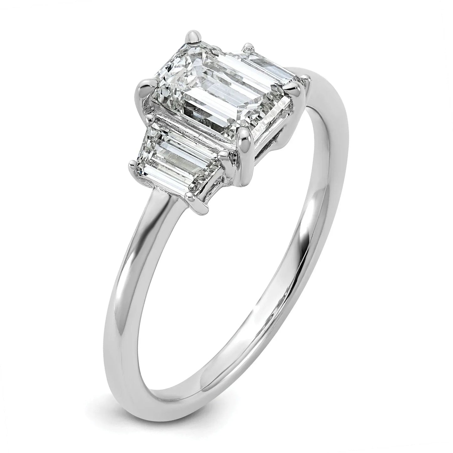 14k White Gold Diamond Emerald and Trapezoid 3-Stone Bridal Rings