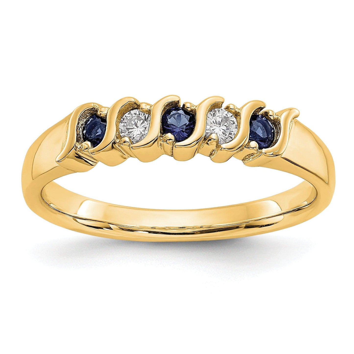 Round Sapphire Diamond Prong 10K Gold Five Stone Ring