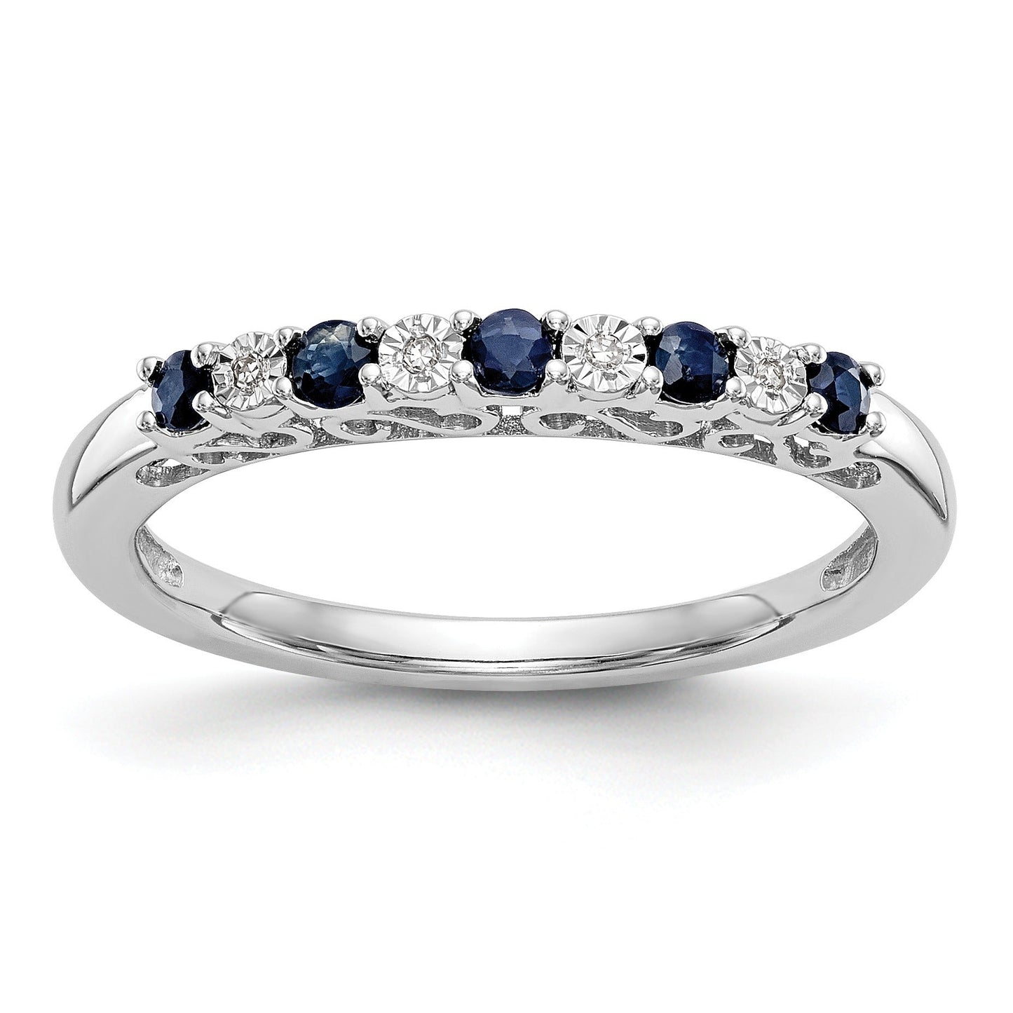 Round Blue Sapphire And Diamond 14k White Gold Half Eternity Wedding Band Ring