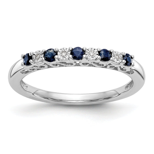 Round Blue Sapphire And Diamond 14k White Gold Half Eternity Wedding Band Ring