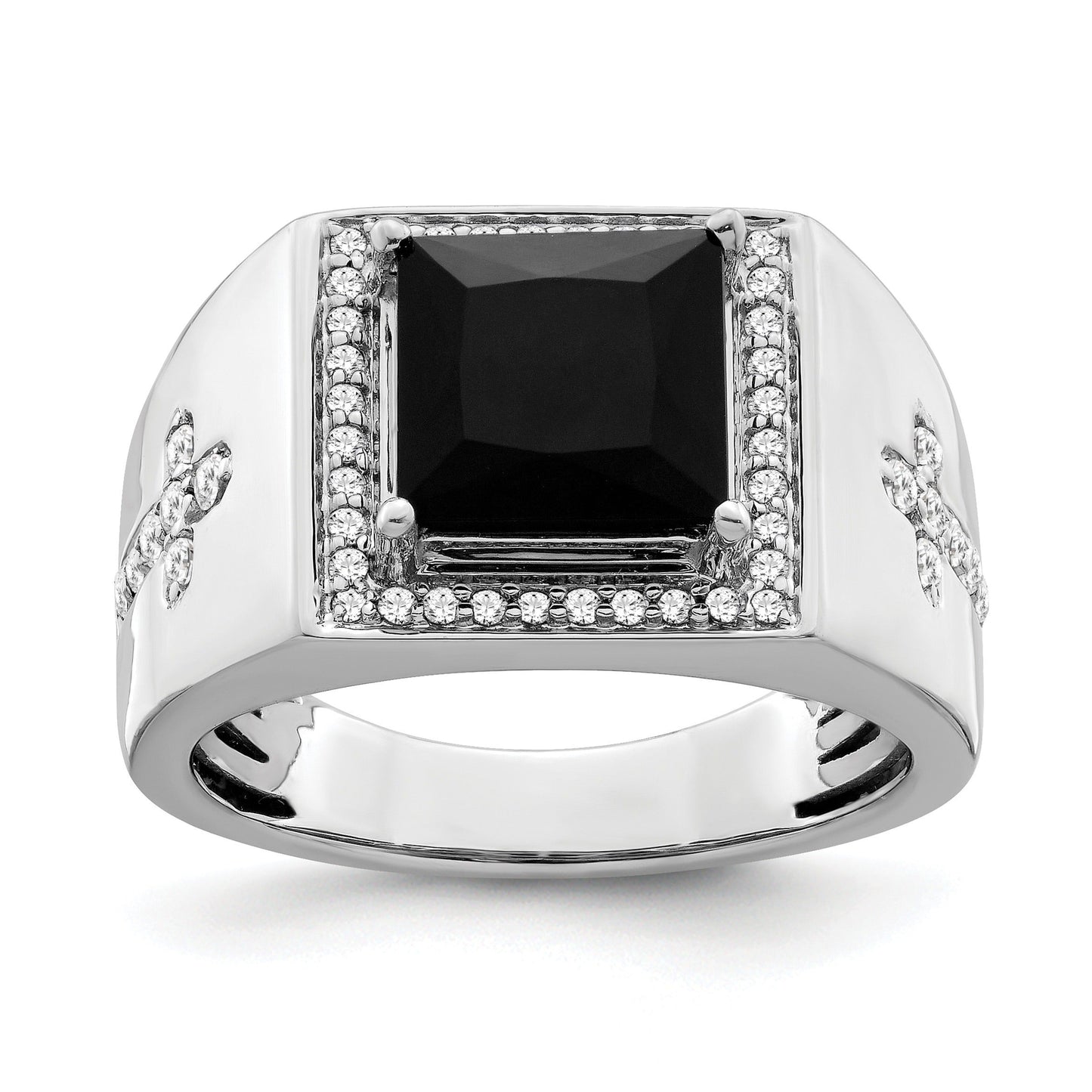 14k Gold 1/2 ct Lab Grown Diamond and Onyx Side Cross Square Men's Ring