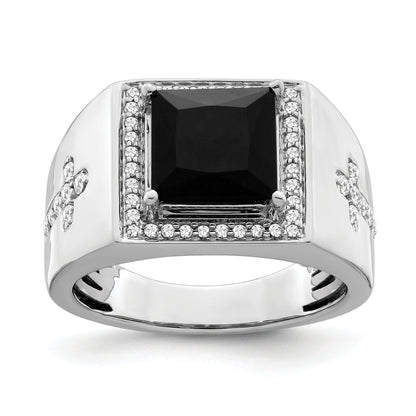 14k Gold 1/2 ct Lab Grown Diamond and Onyx Side Cross Square Men's Ring