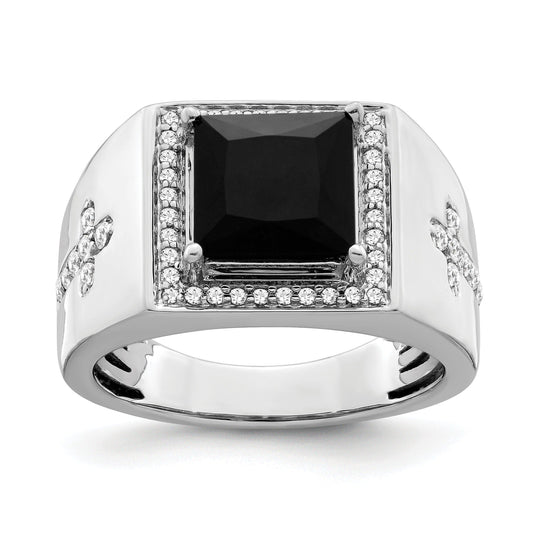 14k Gold 1/2 ct Lab Grown Diamond and Onyx Side Cross Square Men's Ring