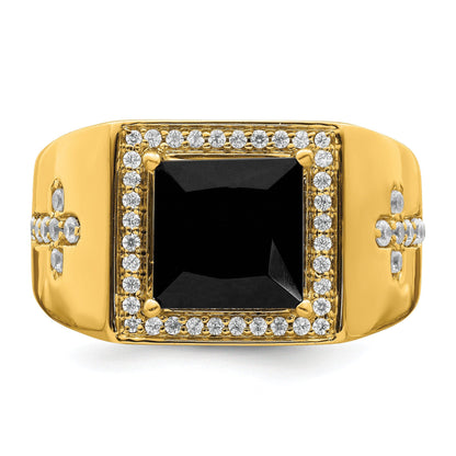 14k Gold 1/2 ct Lab Grown Diamond and Onyx Side Cross Square Men's Ring