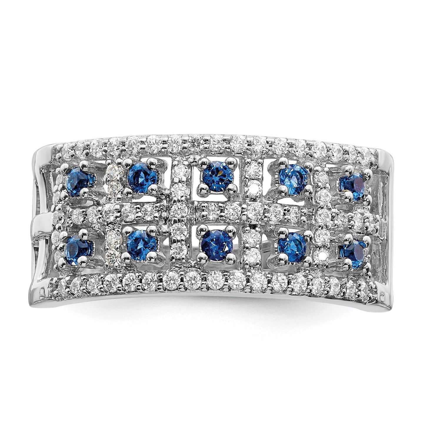 0.6 Ct Round Blue Sapphire & Diamond Prong 14K White Gold Two-Row Band Ring