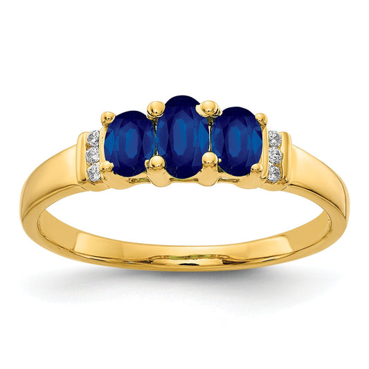 0.79 Ct Oval Blue Sapphire and Diamond Prong 14K Yellow Gold Three Stone Ring