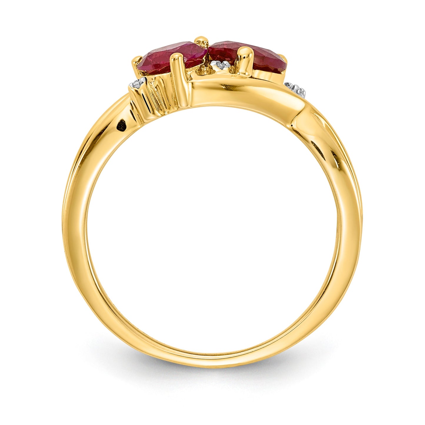 1.648 Ct Double Heart Red Ruby and Lab Diamond Gold Toi et Moi Bypass Ring