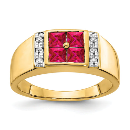 1/20 ct Lab Grown Diamond and Lab Created Ruby Men's Ring 14kYellow Gold