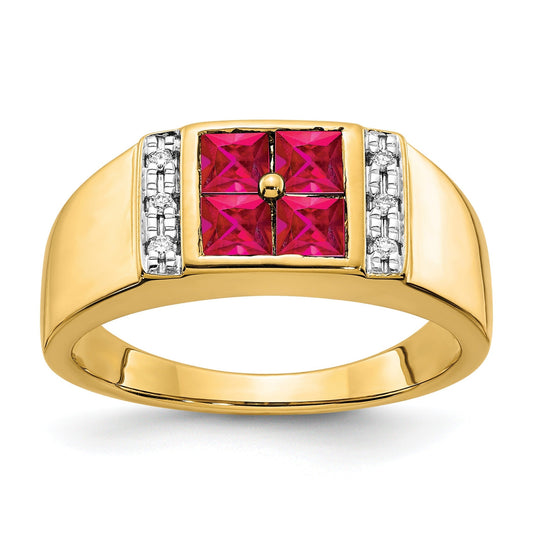 1/20 ct Lab Grown Diamond and Lab Created Ruby Men's Ring 14kYellow Gold