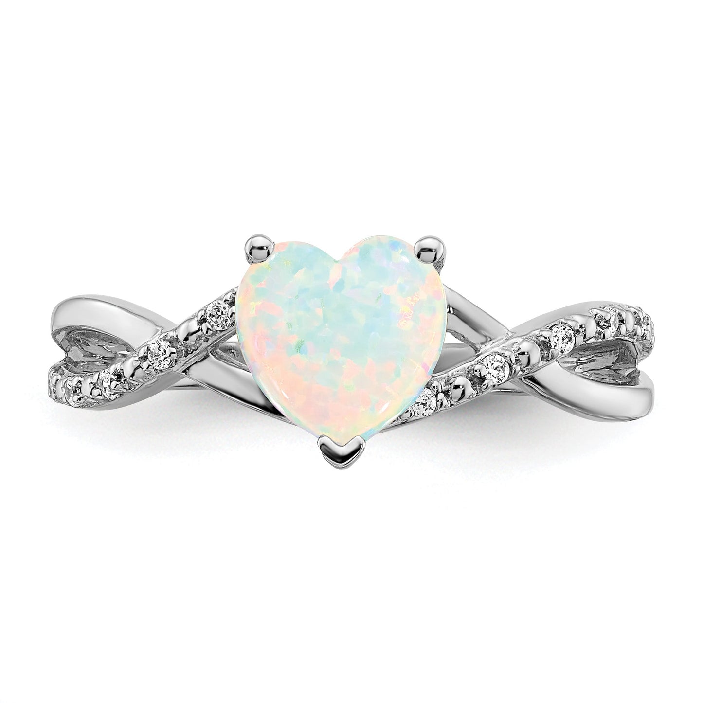14k White Gold Created Opal and Diamond Pave Heart Ring