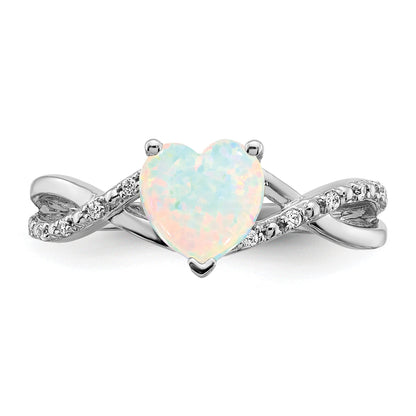 14k White Gold Created Opal and Diamond Pave Heart Ring