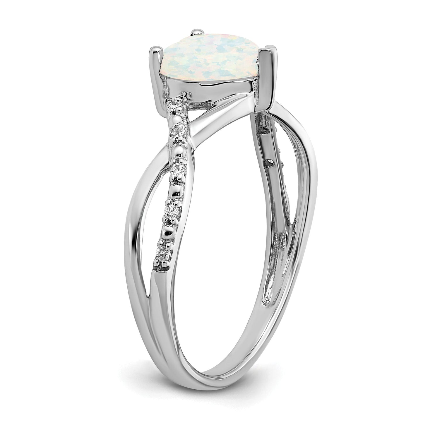 14k White Gold Created Opal and Diamond Pave Heart Ring