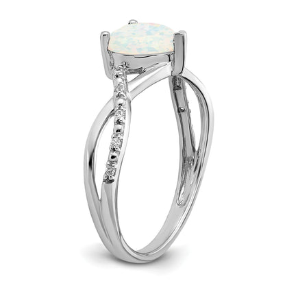 14k White Gold Created Opal and Diamond Pave Heart Ring