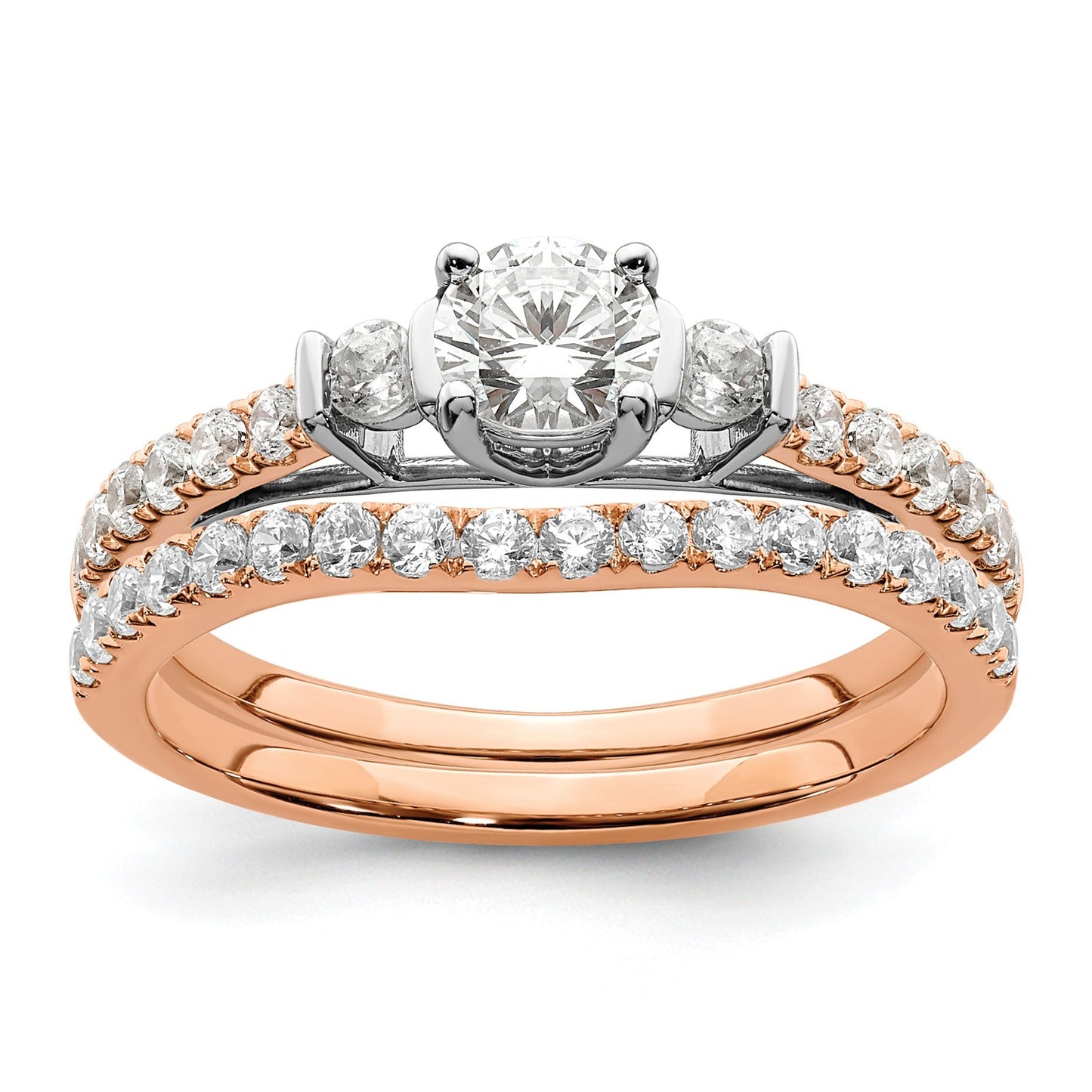 10k Rose Gold Lab Diamond Three Stone Pave Engagement Ring 3/4 carat