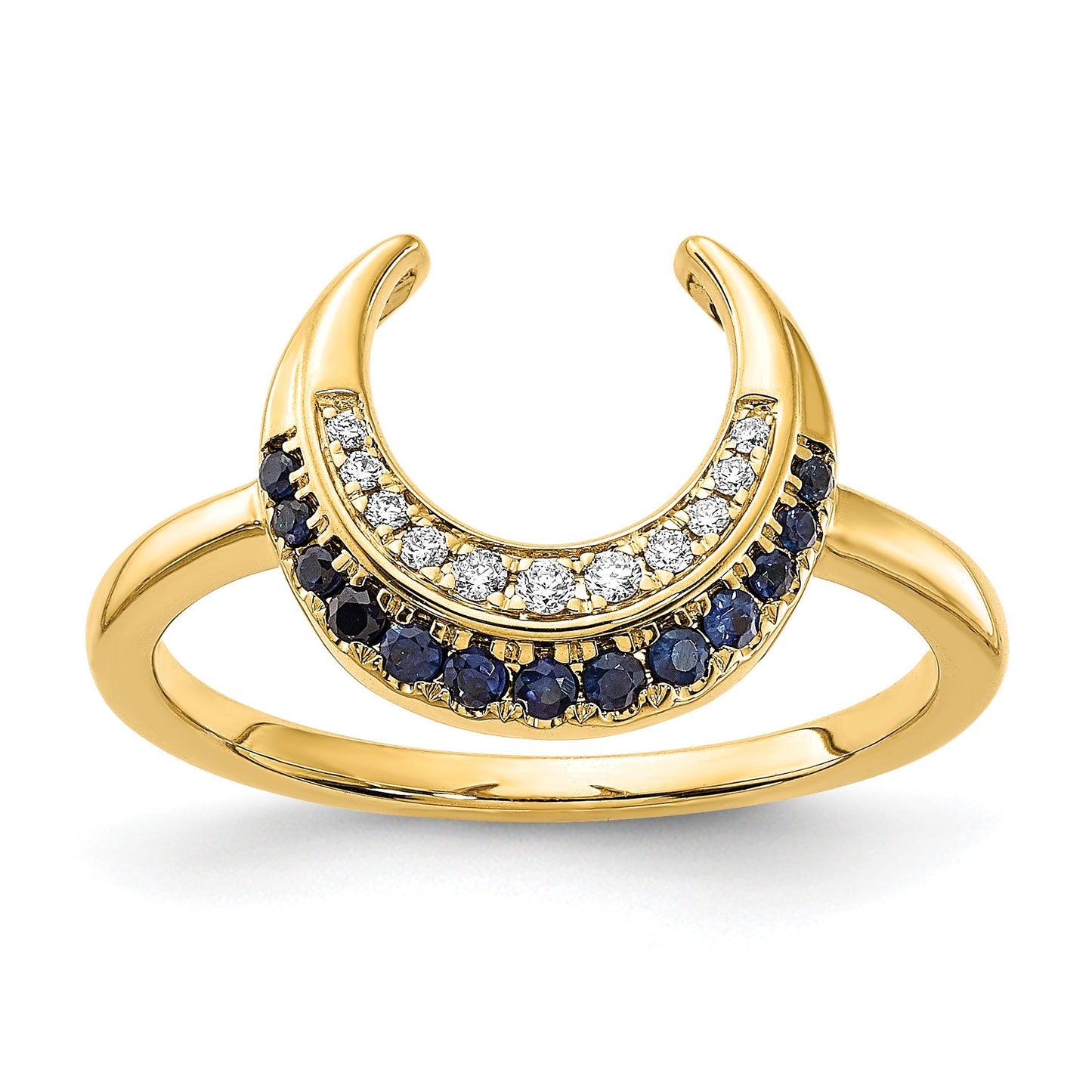 0.25 Ct Round Blue Sapphire & Diamond Pavé 14K Yellow Gold Horseshoe Curved Band Moon Ring