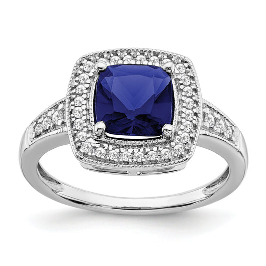 1.31 Ct Cushion Blue Lab Created Sapphire and Diamond Prong 14K White Gold Halo Ring