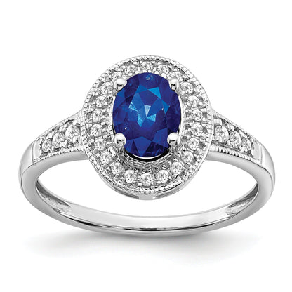 0.68 Ct Oval Lab Created Blue Sapphire and Diamond Prong 14K White Gold Halo Side Pave Ring