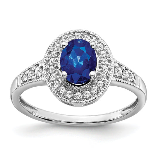 0.68 Ct Oval Lab Created Blue Sapphire and Diamond Prong 14K White Gold Halo Side Pave Ring