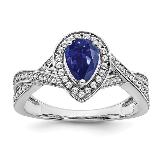 0.74 Ct Pear Blue Created Sapphire & Diamond Prong 14K White Gold Twisted Halo Ring