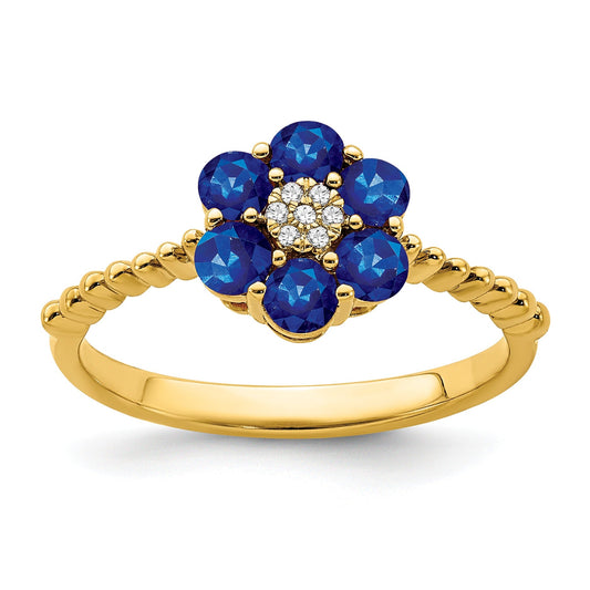 1.21 Ct Round Blue Sapphire and Diamond 14k Yellow Gold Floral Rope Band Ring
