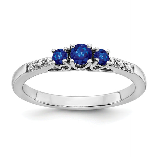 0.34 Ct Round Blue Sapphire and Diamond Prong 14k White Gold Three stone Ring