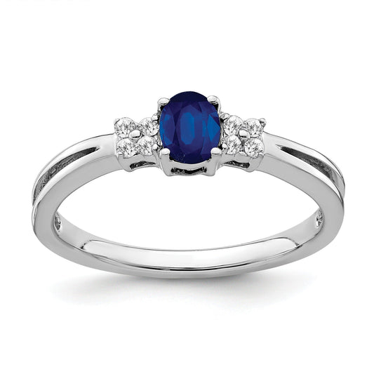 0.35 Ct Oval Blue Sapphire & Diamond Prong 14K White Gold Three Stone Ring